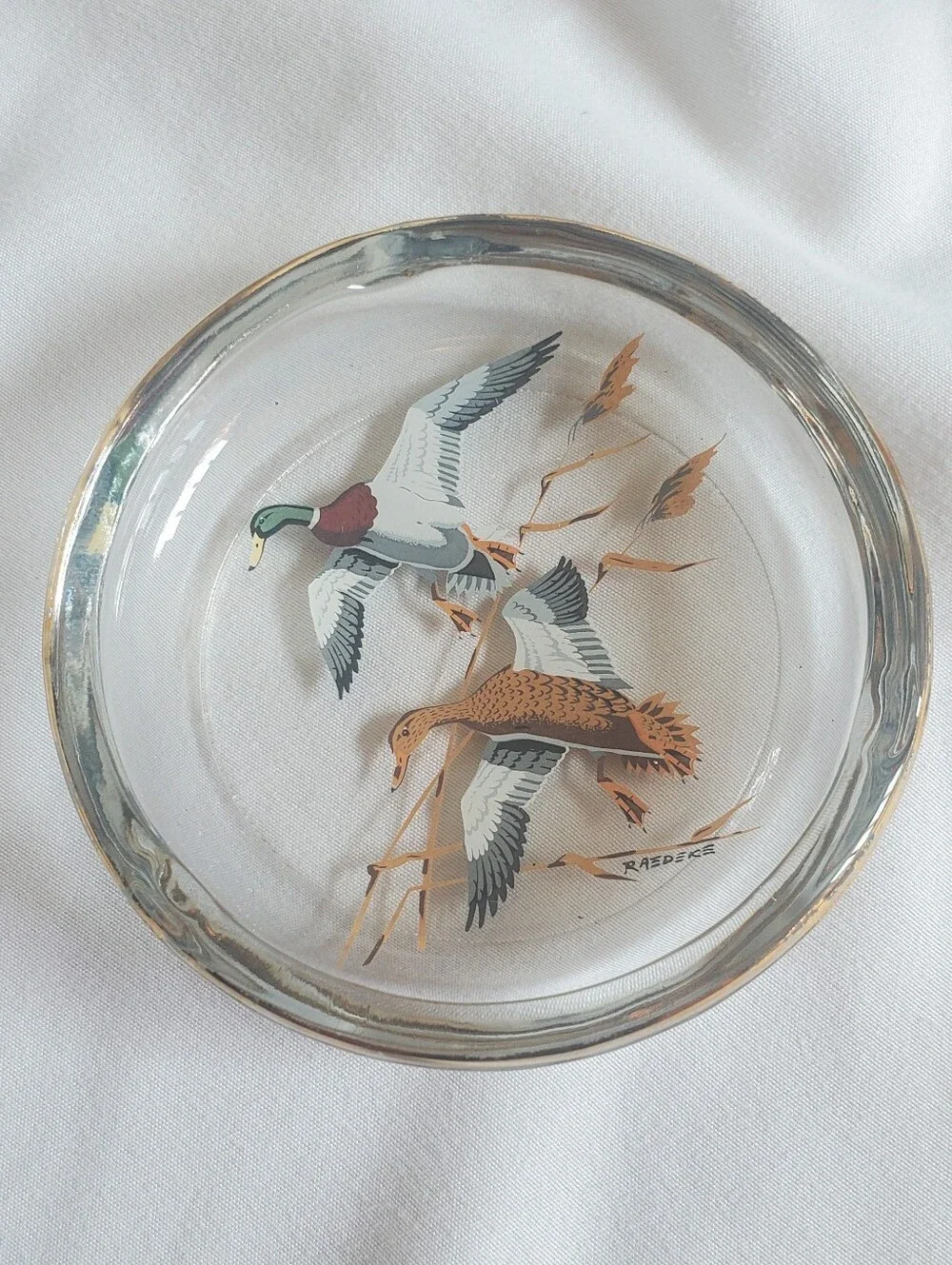 Jerry Raedeke Vtg Ducks In Flight MCM Clear Ashtray Trinket Dish Gold Rim Retro